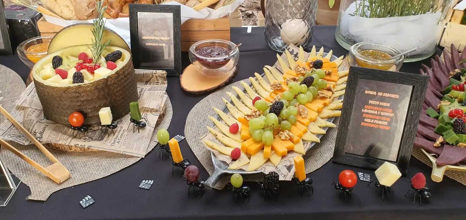 Selección de platos pequeños y tapas presentados en la mesa de un evento